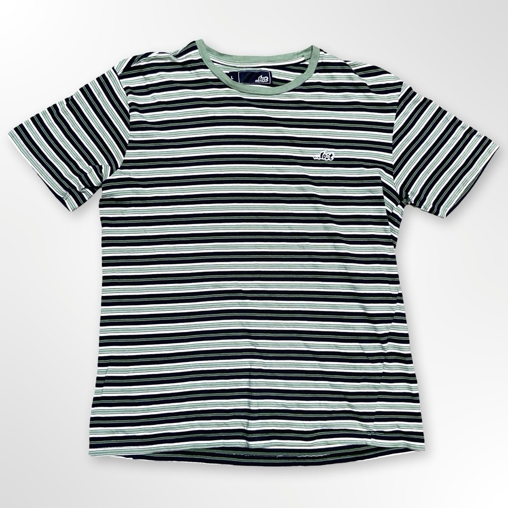 Lost Skate T Shirt Size Large Green Striped White Embroidered Logo Cotton Y2K